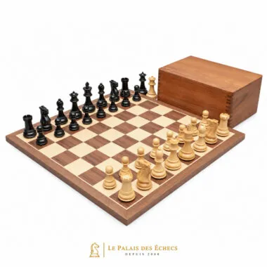 Ensemble Competition : échiquier noyer et érable, pièces buis et coffret bois de rose