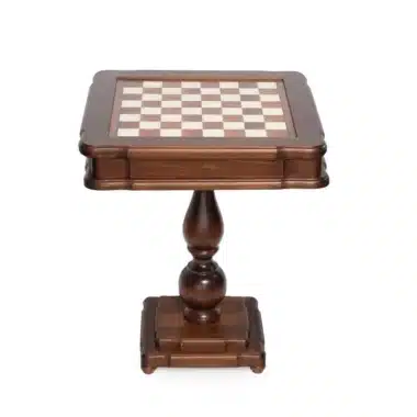 Table d'échecs sur pied central, plateau échiquier en bois d'orme et hêtre