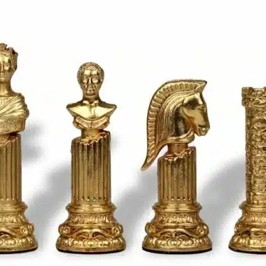 Pièces d'échecs Empire Romain VIII dorées, roi, dame, cavalier et tour