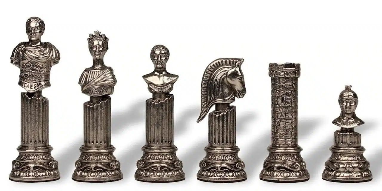 Pièces d'échecs Colonne Romaine entièrement argentées, bustes et tour sur colonnes