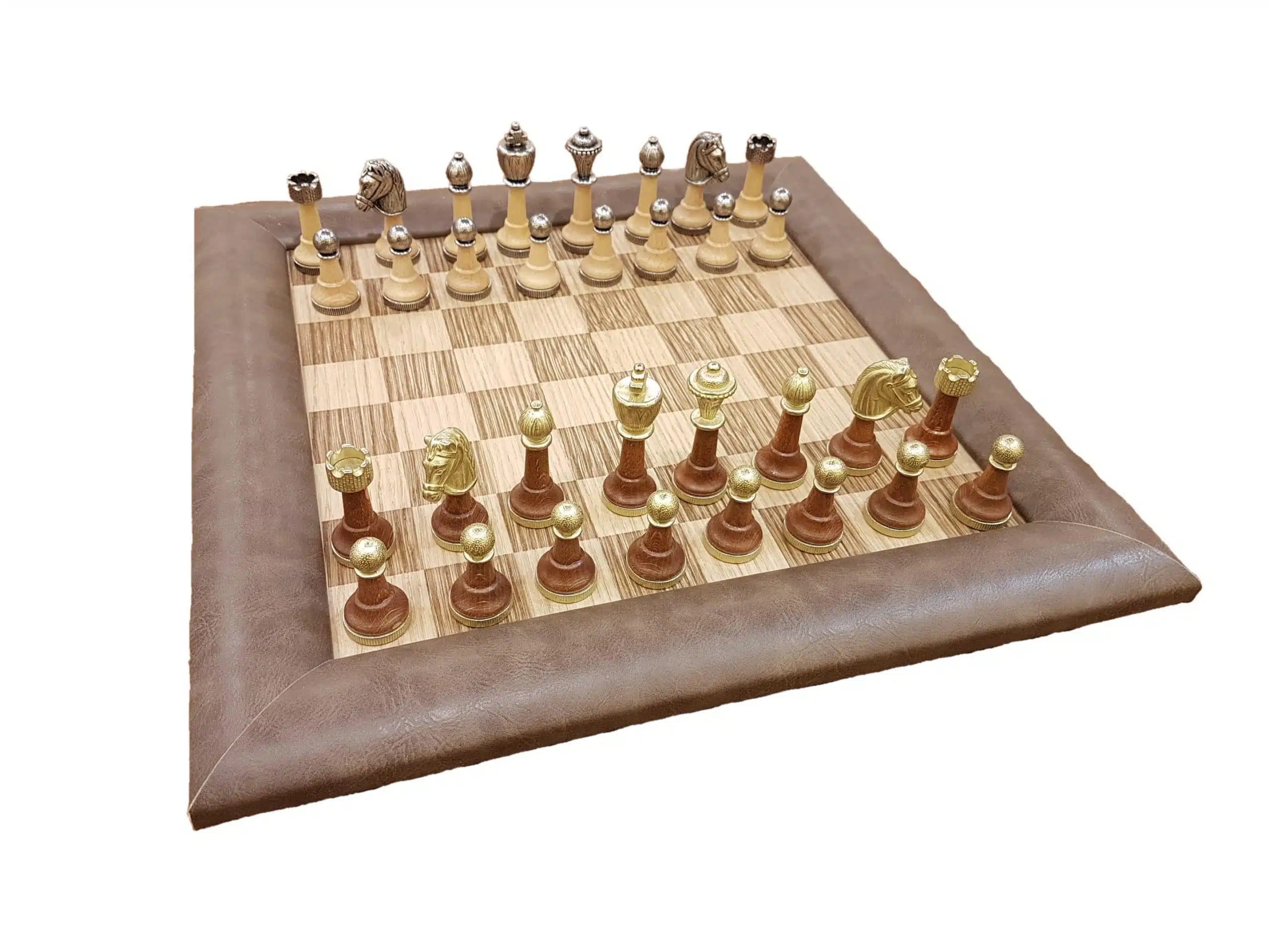 Ensemble Copa Cabana Echiquier en Bois et Cuir véritable et Jeu d'Echecs en Bois et Métal