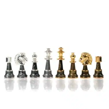 Ensemble Staunton Fantasy XL 2 Echiquier en Cuir Véritable & Jeu d'Echecs en Laiton et Bois Plaqué Or et Argent – Image 10