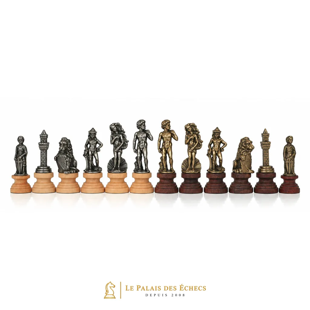 Jeu d'échecs Florence, pièces debout en argent et bronze côte à côte