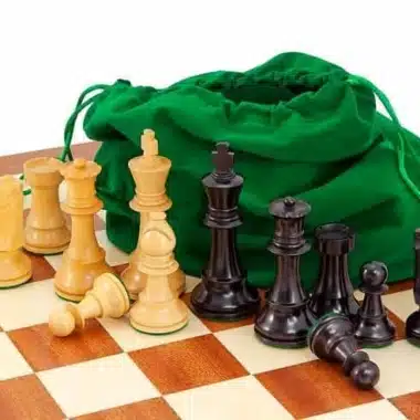 Pièces blanches et noires alignées devant la pochette verte de rangement