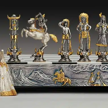 Ensemble "Indiens vs Cow Boy" Echiquier et Jeu d'Echecs en Bronze, Onyx et Or 24 Carats