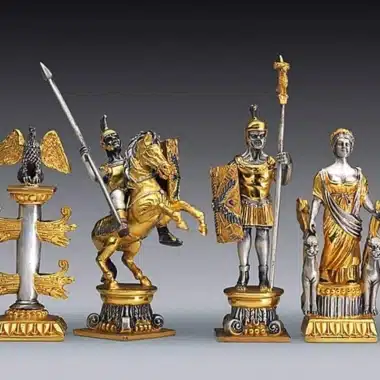 Ensemble "Bataille d'Actium Egyptiens vs Romains" Table d'Echiquier Carrée et Jeu d'Echecs en Bronze, Onyx et Or 24 Carats