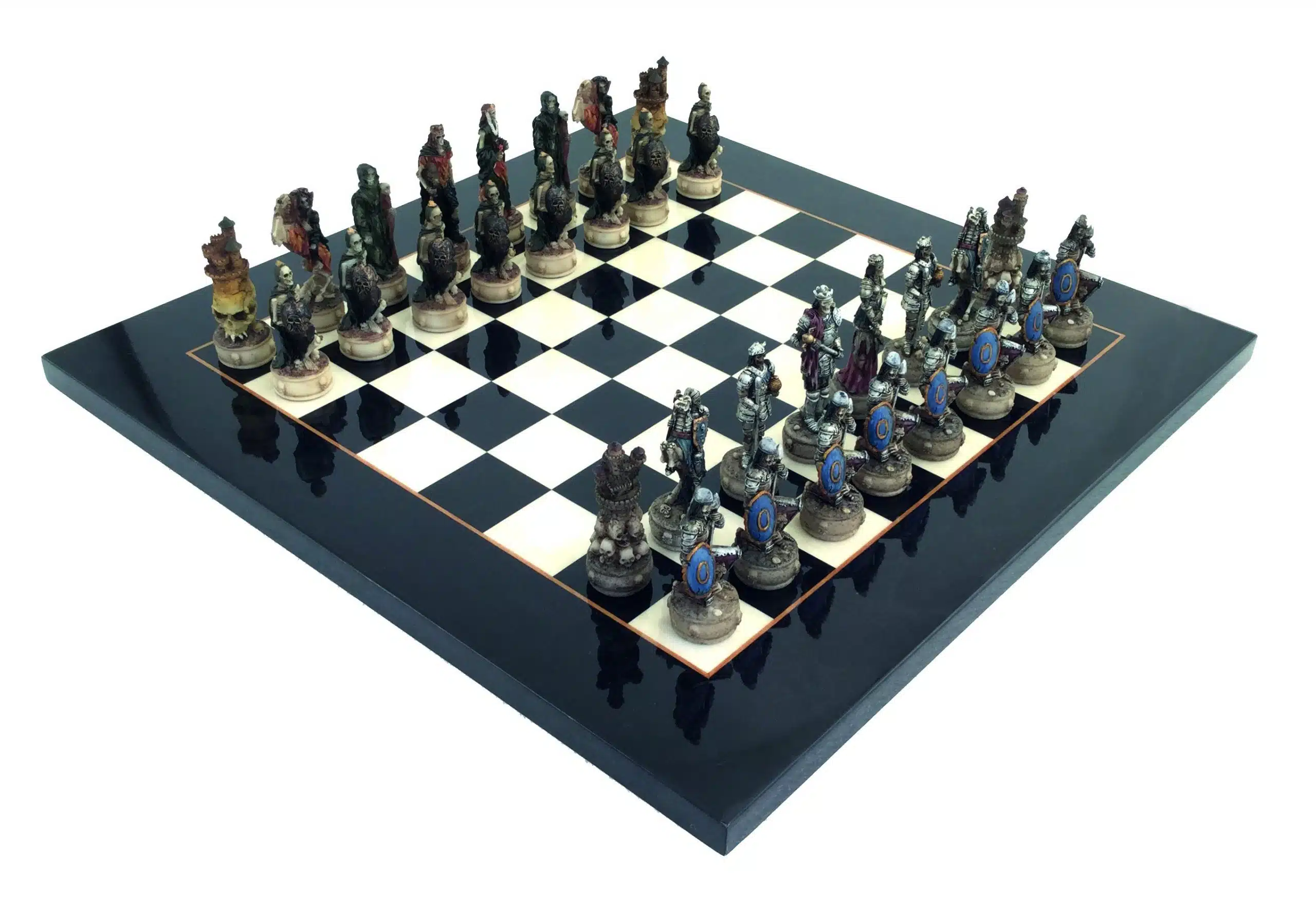 Ensemble Mort-Vivant IV Echiquier en Bois d'Erable Noir et Jeu d'Echecs en Résine Peint à la Main