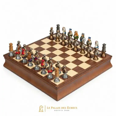 Ensemble complet Buste Médiéval III avec échiquier en érable et noyer sur coffret