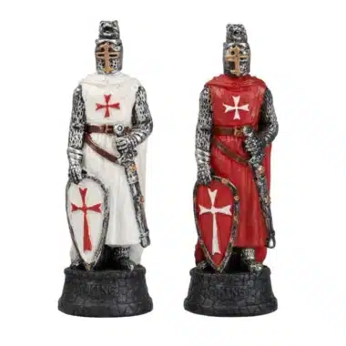 Rois templiers en résine, bouclier et épée, croix blanche