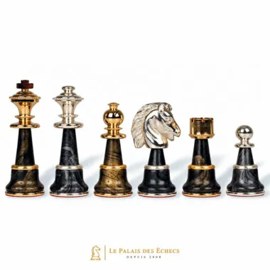 Pièces du jeu alignées, roi, tour, cavalier et pion en laiton massif