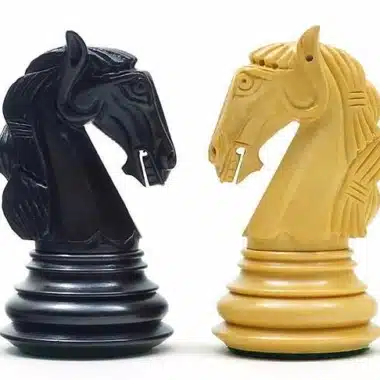 Cavaliers noir et naturel du jeu d'échecs Gambit en bois de buis, vue rapprochée