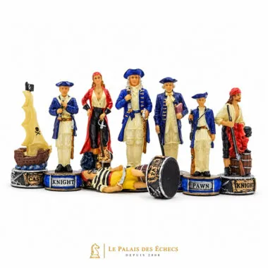 Figurines d'échecs pirates détaillées alignées devant l'échiquier
