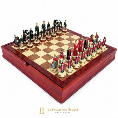 Jeu d'échecs Anglais contre Écossais complet sur coffret échiquier en bois