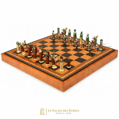 Ensemble complet d'échecs médiéval sur échiquier avec coffret de rangement intégré