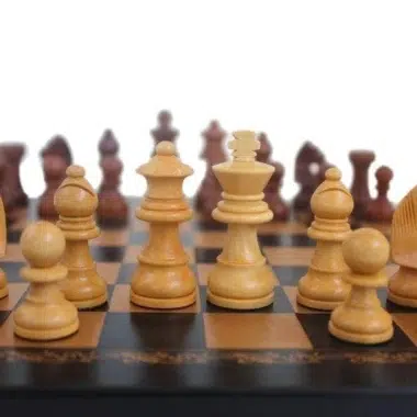 Pièces d'échecs en bois clair et foncé alignées sur l'échiquier noir
