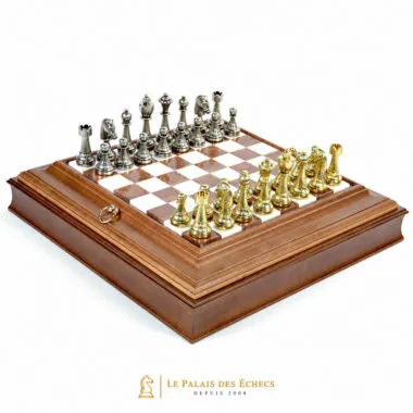 Jeu d'échecs Staunton complet sur échiquier en bois et albâtre avec coffret