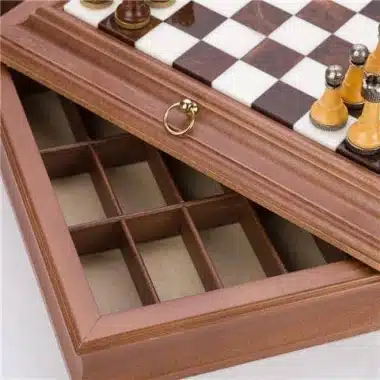 Jeu d'Échecs Staunton - Échiquier en Bois et Albâtre avec Rangement Intégré & Pièces en Métal – Image 13