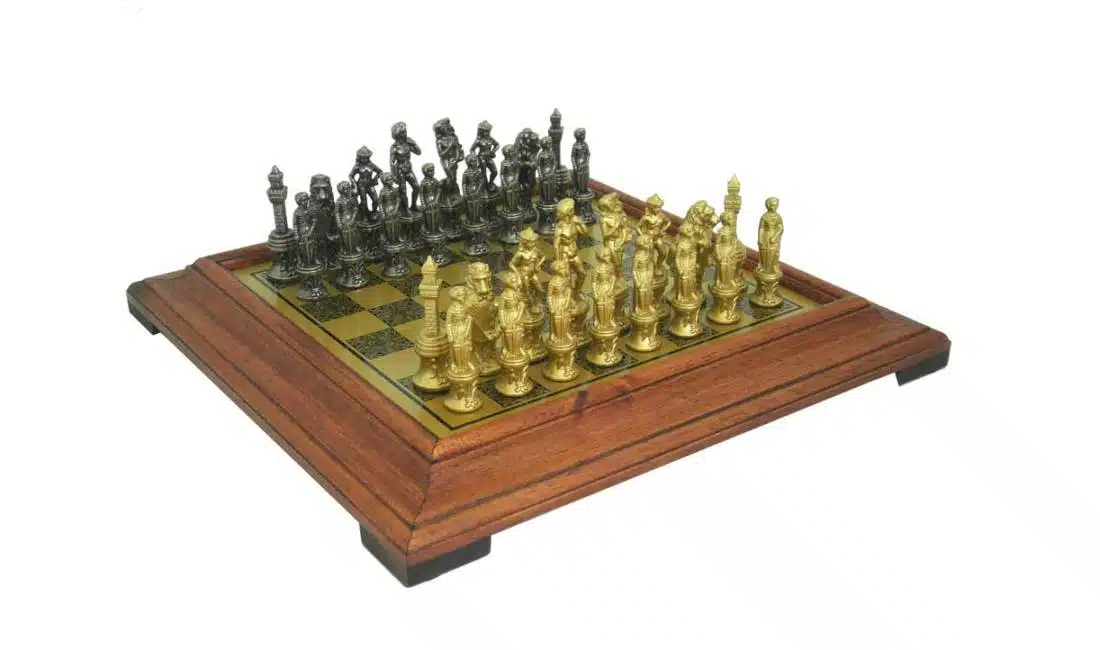 Jeu d'Échecs Florentin - Échiquier Effet Laiton à Cadre en Bois & Pièces en Métal