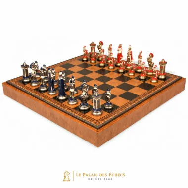 Jeu d'échecs Mary Stuart complet sur échiquier en similicuir avec coffret de rangement