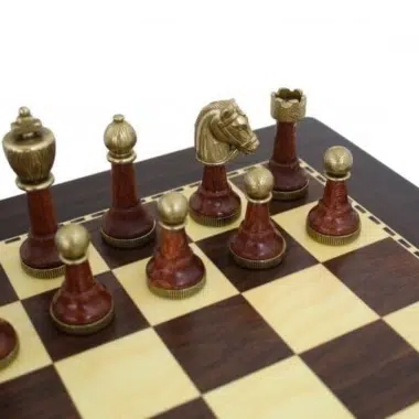 Jeu d'Echecs en Bois et Metal Staunton et Echiquier en Bois Foncé – Image 3