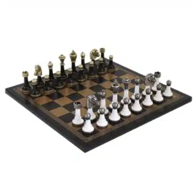 Jeu d'Echecs Staunton en Bois Laqué Noir et Blanc et Échiquier en Similicuir Doré et Noir