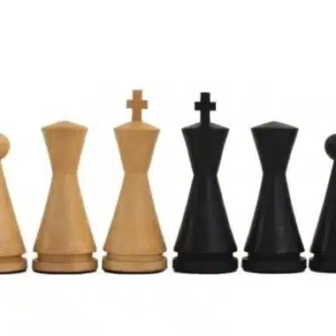 Pièces d'échecs modernes en bois clair et foncé alignées en rangée