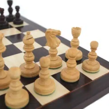 Pièces claires en bois clair disposées sur l'échiquier, cavalier et fou au premier plan