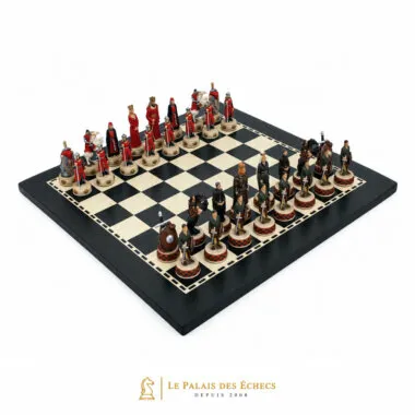 Jeu d'échecs Angleterre VS Écosse installé sur échiquier noir et bois clair