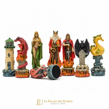 Pièces du camp Feu : dragon, tour, magicien, roi, reine et créature ailée