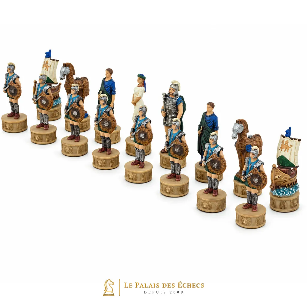 Pièces d'échecs en résine, armée bleue et beige façon Bataille de Troie