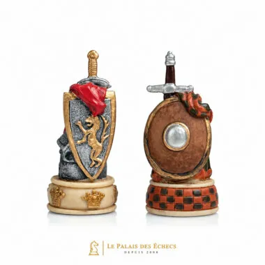 Pions en forme d'épée et bouclier, détail des pièces du jeu d'échecs écossais