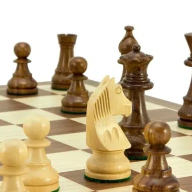 Détail du cavalier foncé entouré des autres pièces sur l'échiquier