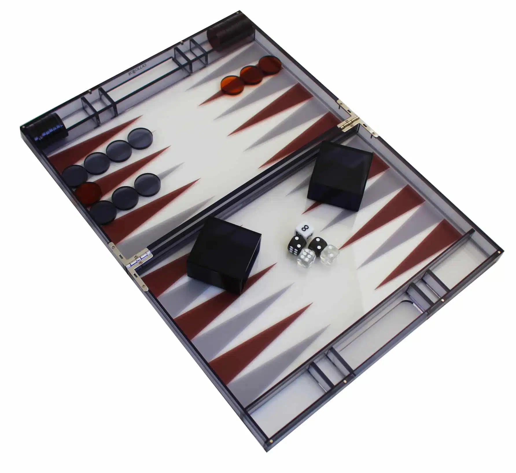 Backgammon Moderne en Plexiglas Gris avec Jetons de Dames, Gobelet à dés et Set de Dés