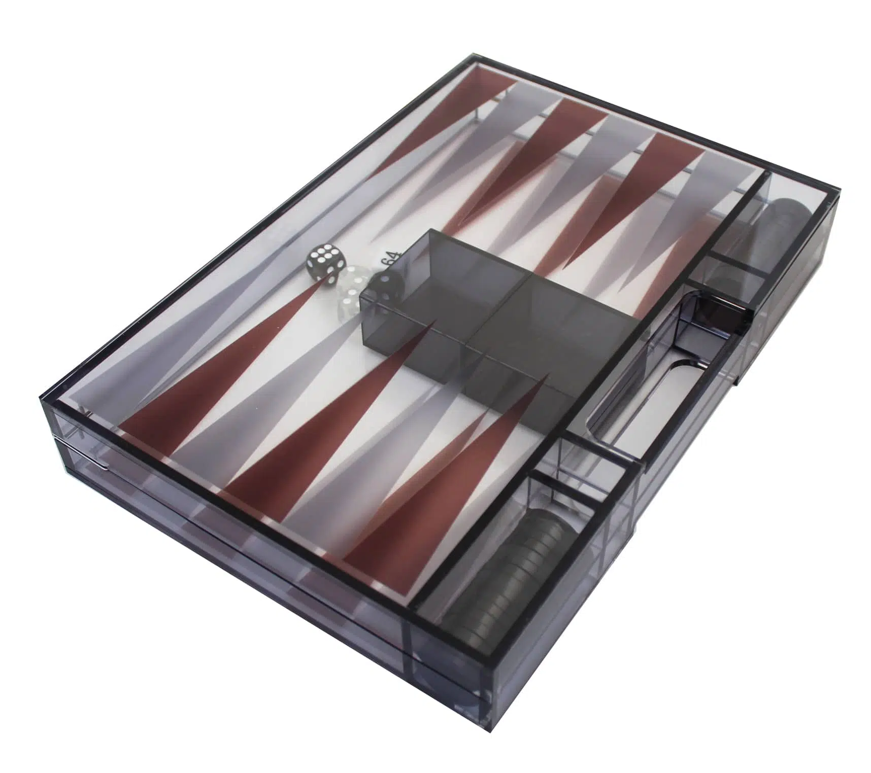 Backgammon Moderne en Plexiglas Gris avec Jetons de Dames, Gobelet à dés et Set de Dés – Image 2