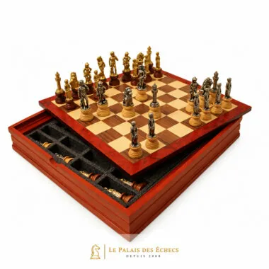Jeu d'échecs Florence complet sur échiquier en bois avec coffret de rangement ouvert