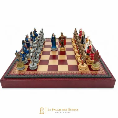 Jeu d'échecs Roi Arthur complet sur échiquier en similicuir avec coffret de rangement