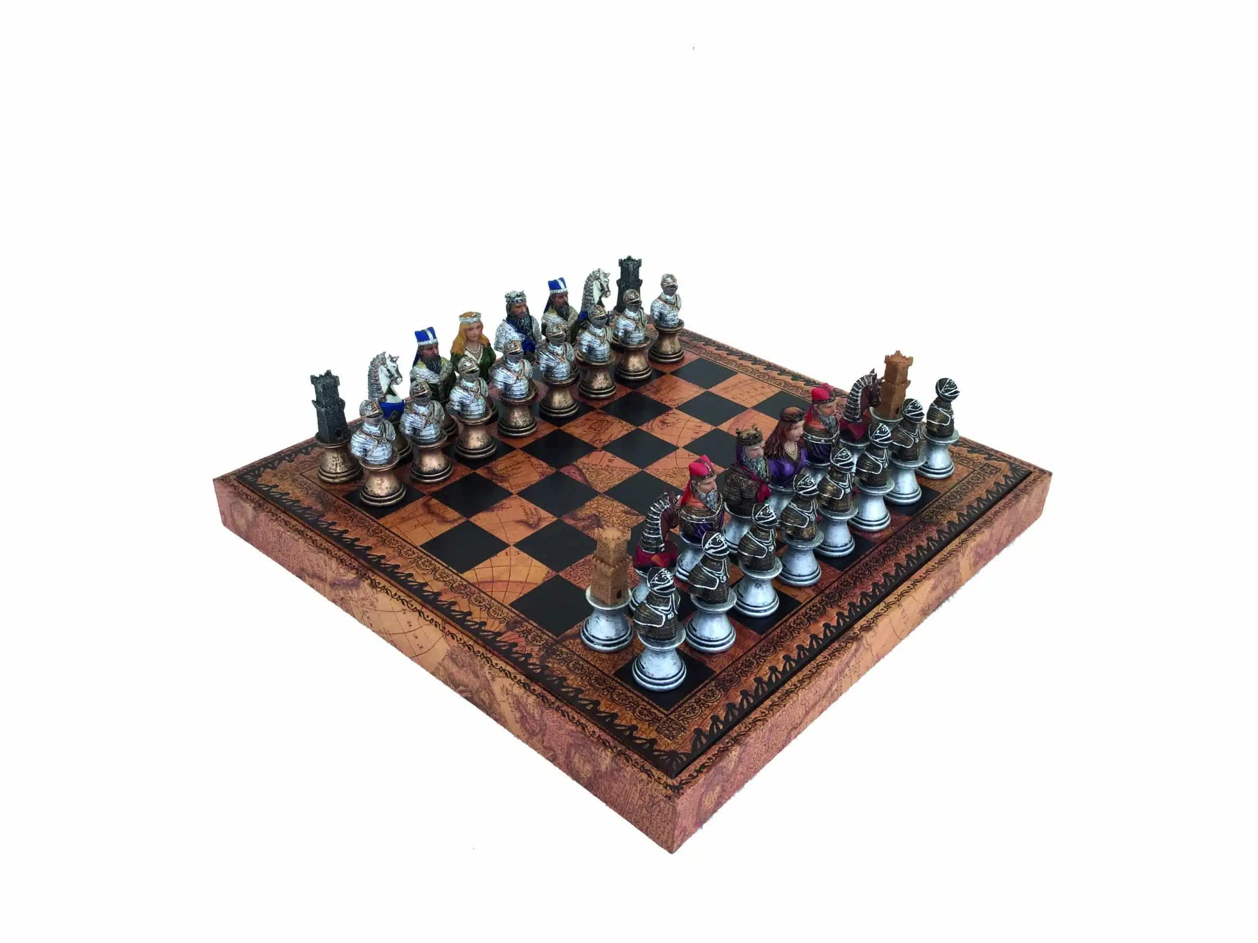 Ensemble Buste Médiéval IV, échiquier déployé avec pièces en résine peintes à la main