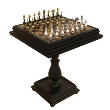 Table d'échecs en bois sur pied central avec pièces métal noir et blanc
