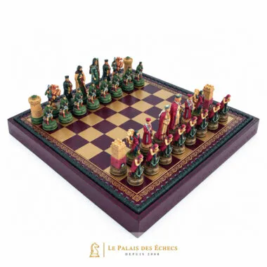 Ensemble Camelot : échiquier similicuir rouge et doré avec pièces peintes à la main
