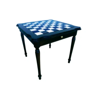 Table d'Echecs en Bois Laqué Noir Tilia avec Plateau en Marbre de Carrare et Double Tiroir de Rangement