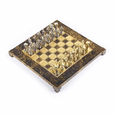 Petit Jeu d'Echecs Guerrier Spartiate - Pièces Dorées & Argentées avec Plateau de Jeu sur Pied en Metal – Image 7