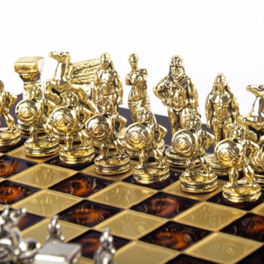 Petit Jeu d'Echecs Guerrier Spartiate - Pièces Dorées & Argentées avec Plateau de Jeu sur Pied en Metal – Image 14