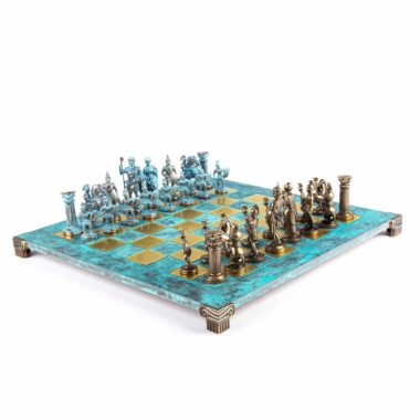 Ensemble de Jeu d'Échecs Gréco-Romain en Métal - Pièces Bronze et Bleues avec Échiquier en Métal 44 x 44 cm et Coffret de Rangement – Image 12