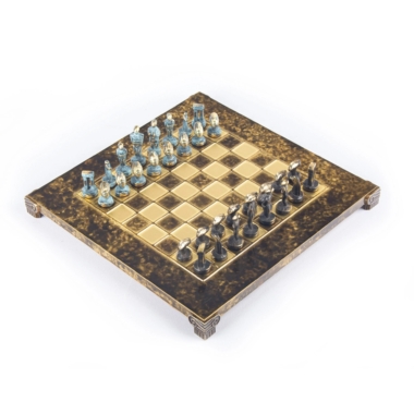 Petit Jeu d'échecs Art Cycladique en Laiton Bronze et Bleu – Échiquier Métal et Coffret Bois Laminé – Image 8