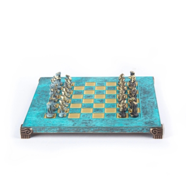 Petit Jeu d'échecs Art Cycladique en Laiton Bronze et Bleu – Échiquier Métal et Coffret Bois Laminé – Image 12