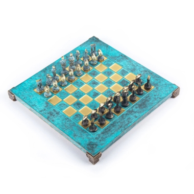 Petit Jeu d'échecs Art Cycladique en Laiton Bronze et Bleu – Échiquier Métal et Coffret Bois Laminé – Image 13