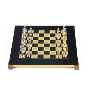 Petit Ensemble de jeu d'Echecs Staunton en Métal Argenté et Doré avec Echiquier sur Pied en Métal et Coffret de Rangement – Image 14