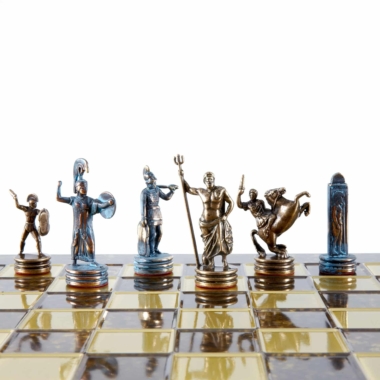 Ensemble d'Échecs Mythologie Grecque en Métal – Pièces Bronze et Bleu avec Échiquier en Métal – Image 5