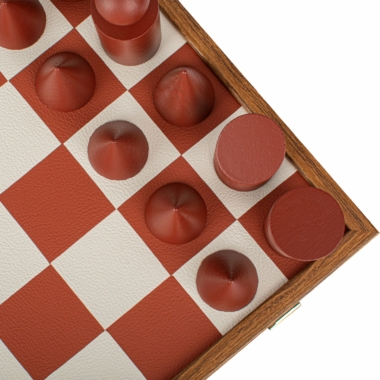 Ensemble de Jeu d'Echecs Style Bauhaus en Bois et Plateau de Jeu en Similicuir - Terracotta & Blanc - 40 x 40 cm – Image 6