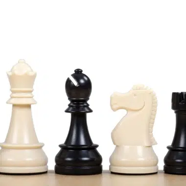 Détail des pièces d'échecs : dame, fou, cavalier et tour en plastique durable